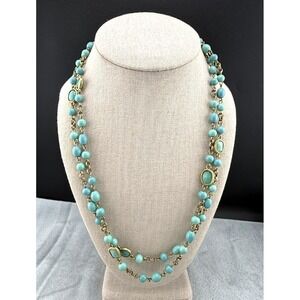 Vintage Monet Necklace Aqua Glass Beaded Gold Tone 26" Signed